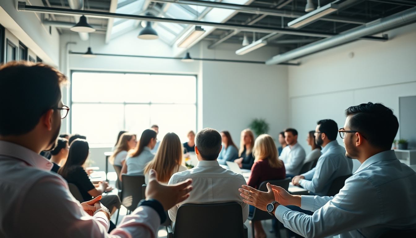 All-hands company meeting with employees gathered in open office em estilo editorial