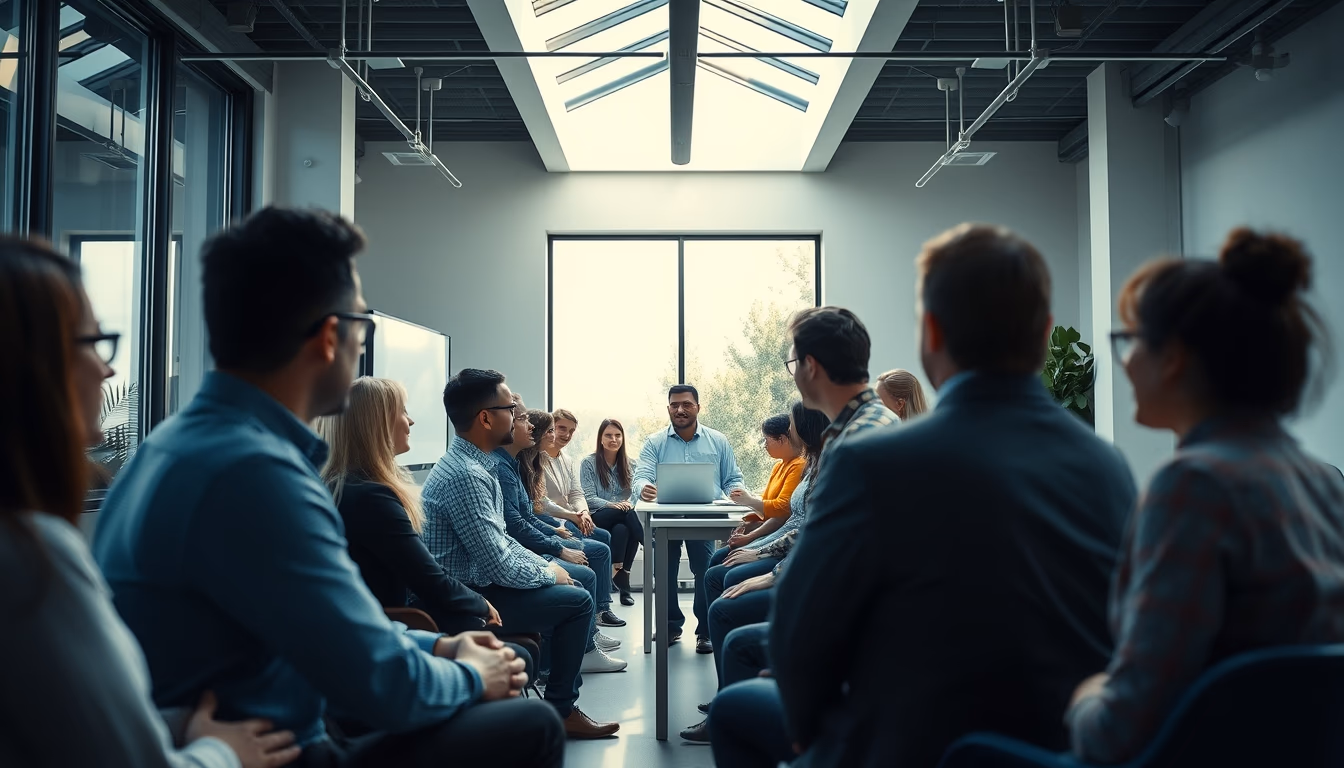 All-hands company meeting with employees gathered in open office em estilo editorial