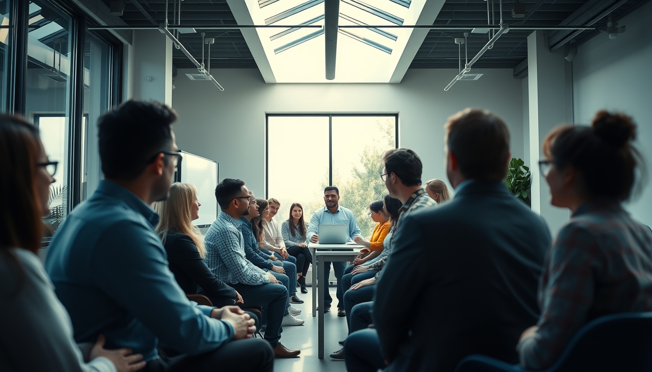 All-hands company meeting with employees gathered in open office em estilo editorial
