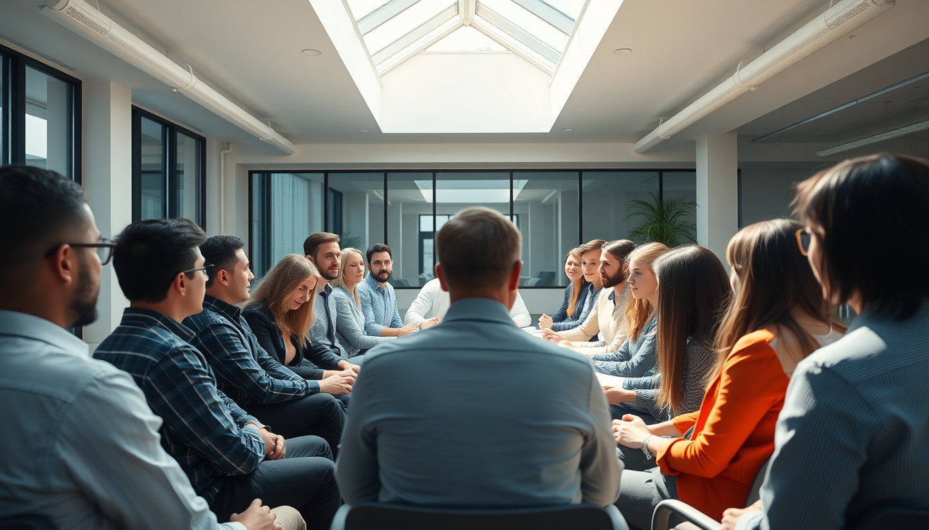 All-hands company meeting with employees gathered in open office em estilo editorial