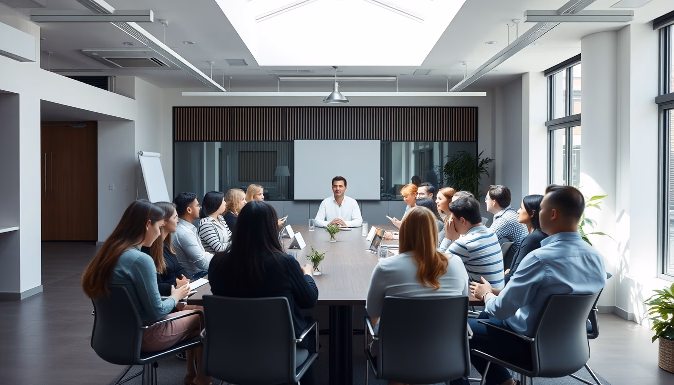 All-hands company meeting with employees gathered in open office em estilo editorial