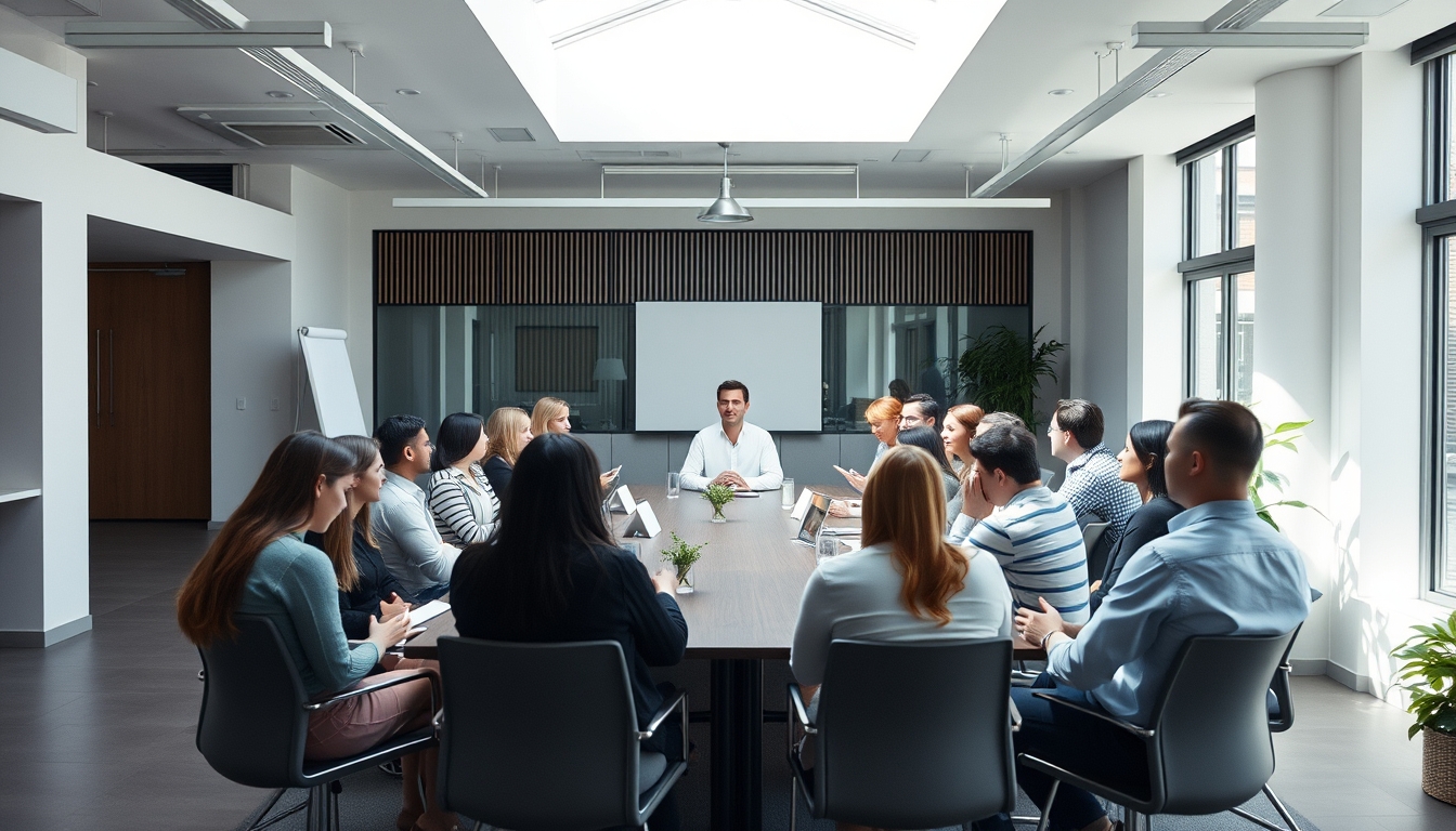All-hands company meeting with employees gathered in open office em estilo editorial