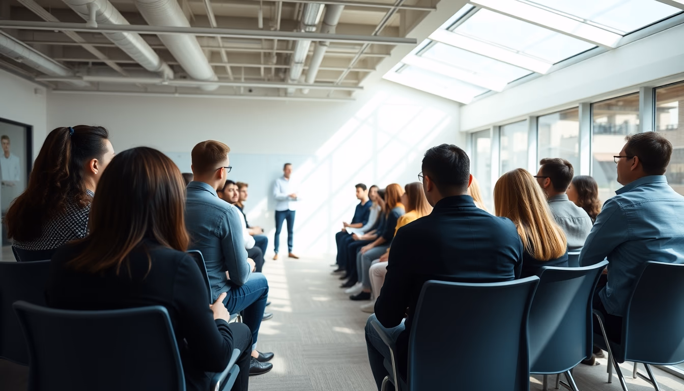 All-hands company meeting with employees gathered in open office em estilo editorial