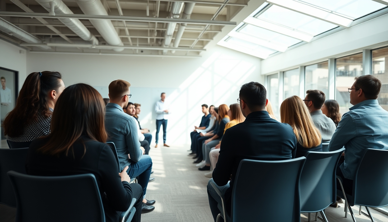 All-hands company meeting with employees gathered in open office em estilo editorial