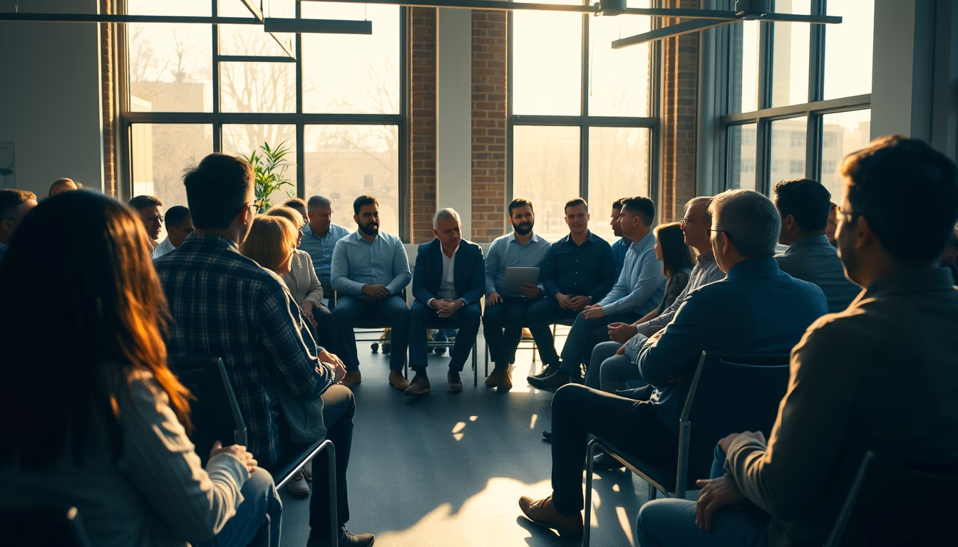 All-hands company meeting with employees gathered in open office em estilo editorial