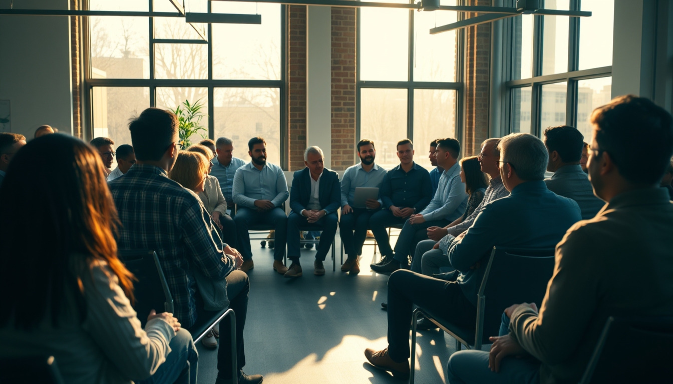 All-hands company meeting with employees gathered in open office em estilo editorial