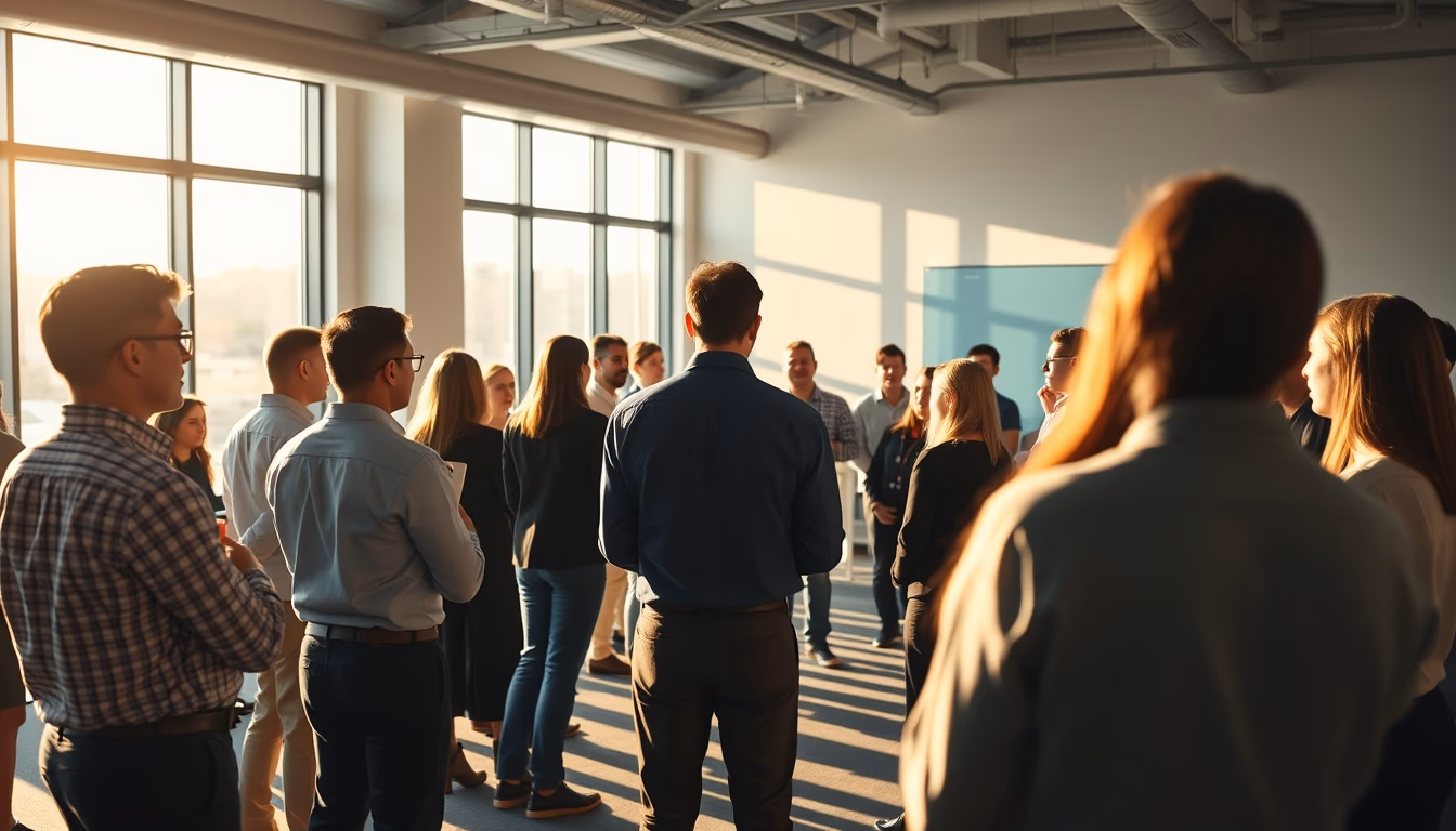 all-hands company meeting with employees gathered in open office in editorial style