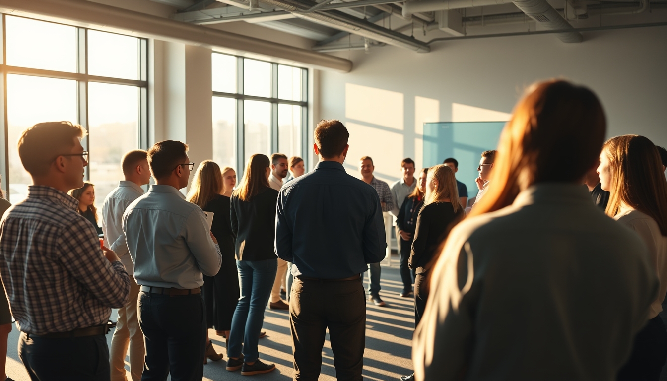 All-hands company meeting with employees gathered in open office em estilo editorial