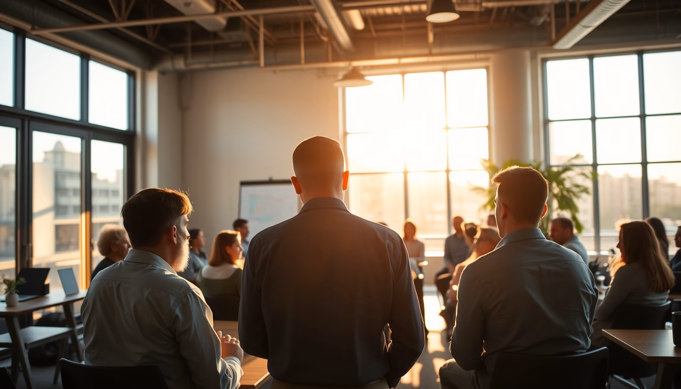 all-hands company meeting with employees gathered in open office in editorial style