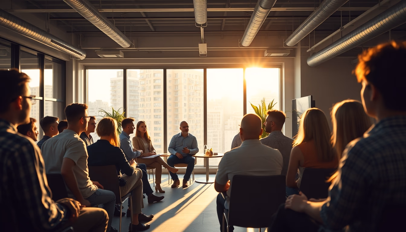 all-hands company meeting with employees gathered in open office in editorial style
