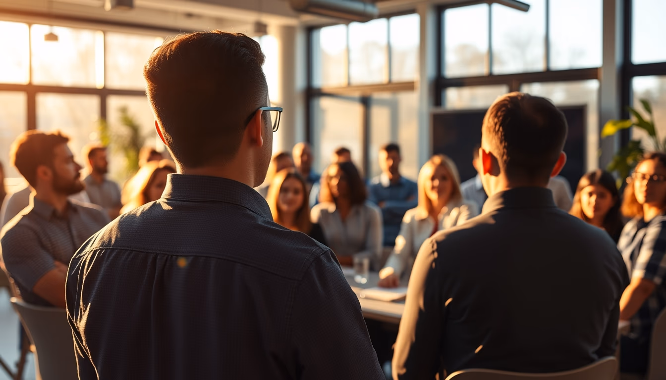 all-hands company meeting with employees gathered in open office in editorial style