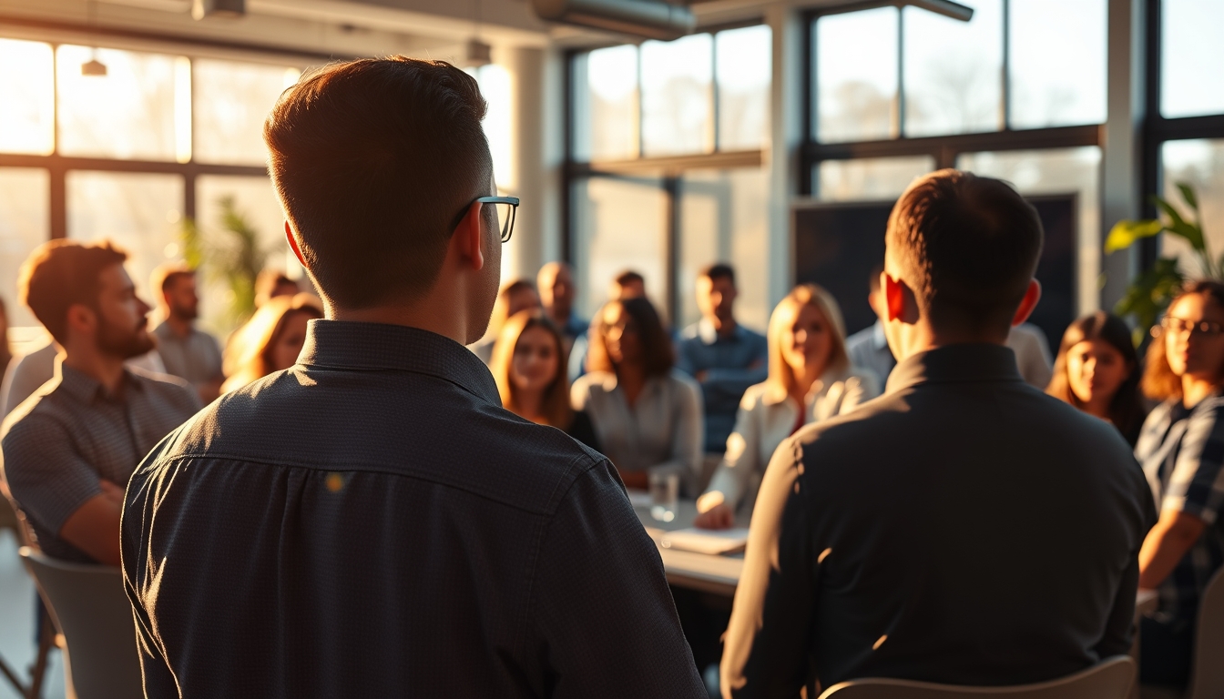 All-hands company meeting with employees gathered in open office em estilo editorial