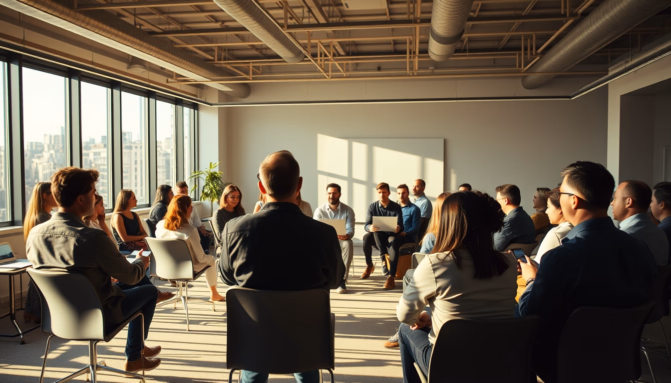 All-hands company meeting with employees gathered in open office em estilo editorial