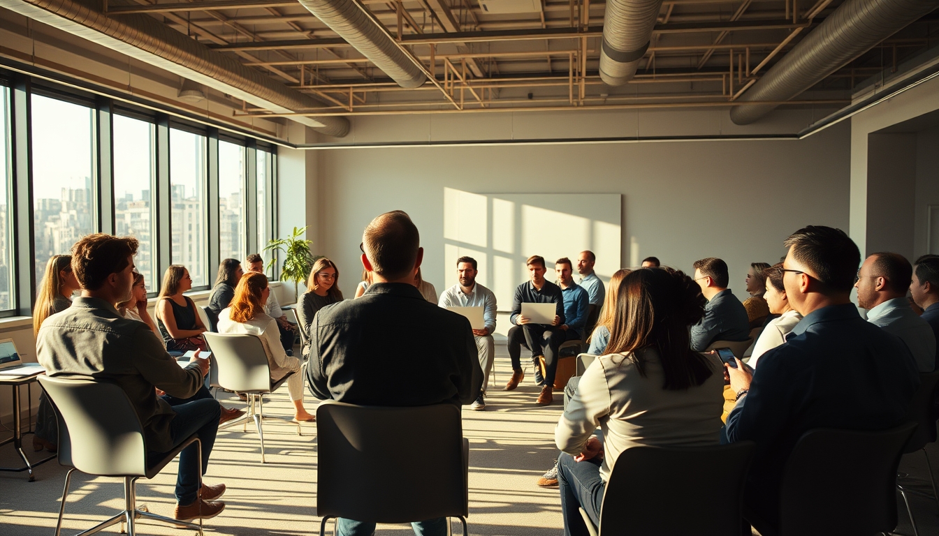 All-hands company meeting with employees gathered in open office em estilo editorial