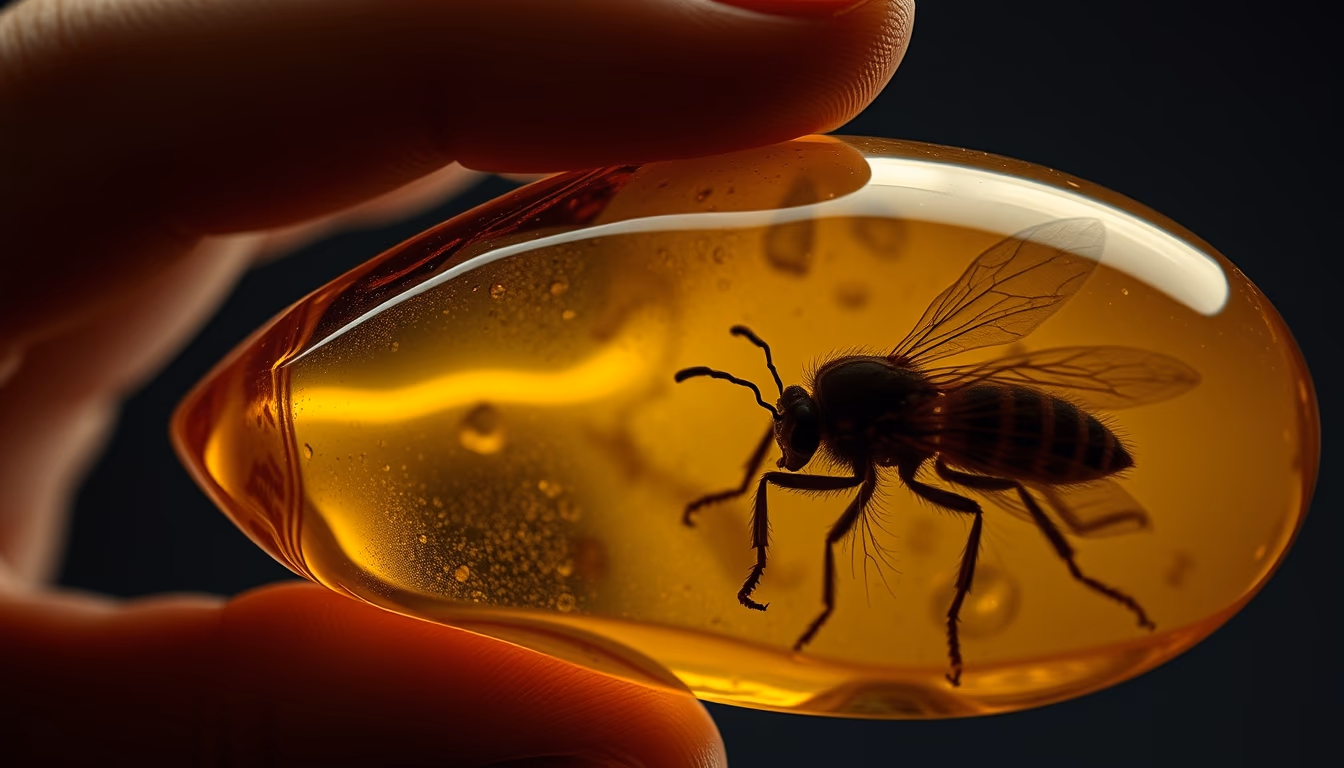 amber resin insect inside in editorial style