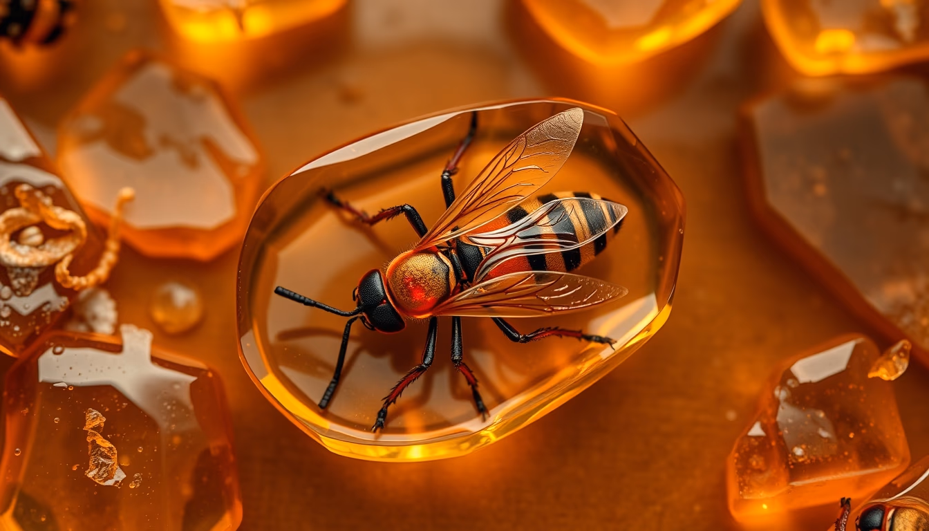 amber resin insect inside in editorial style
