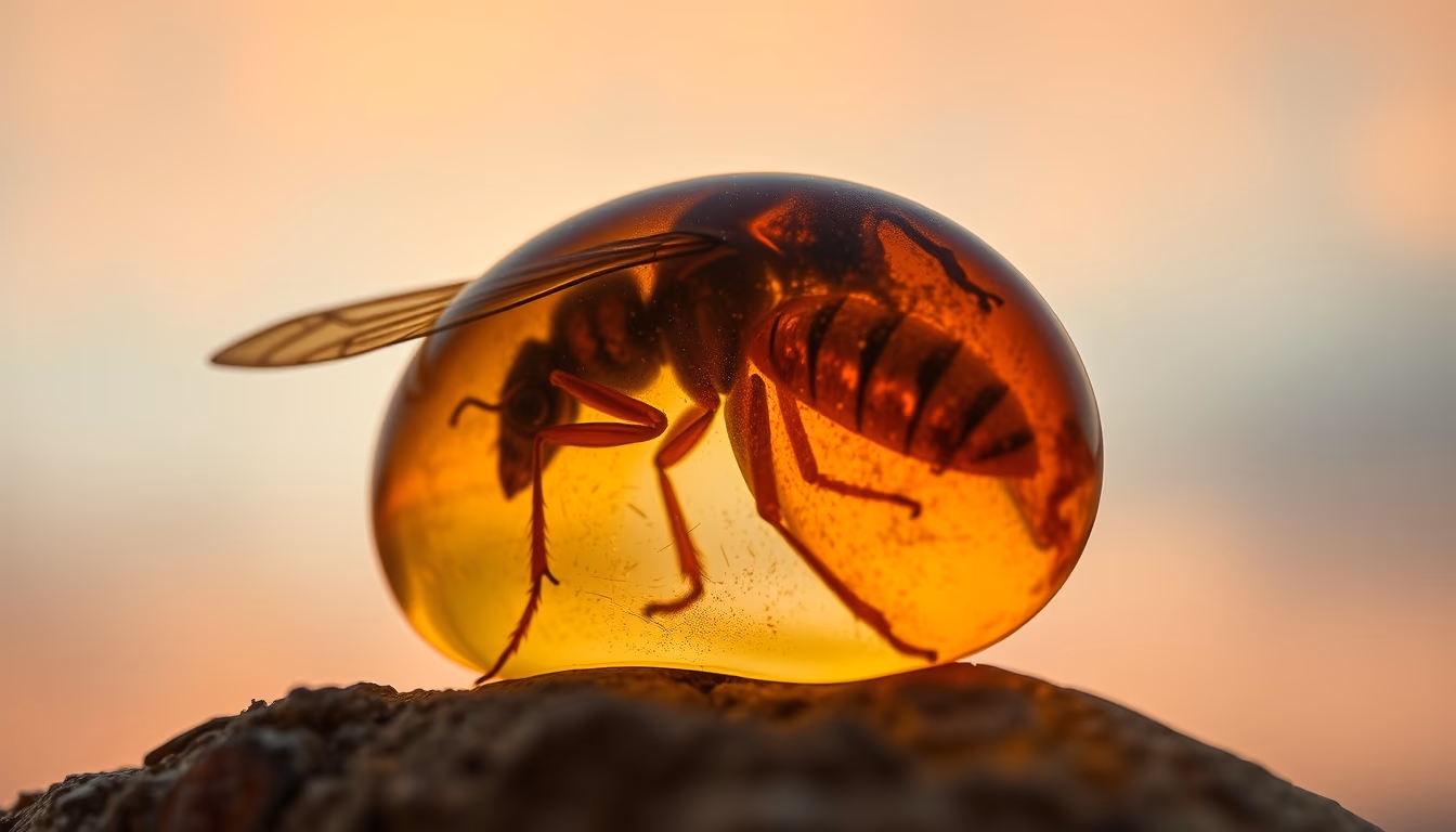 amber resin insect inside in editorial style