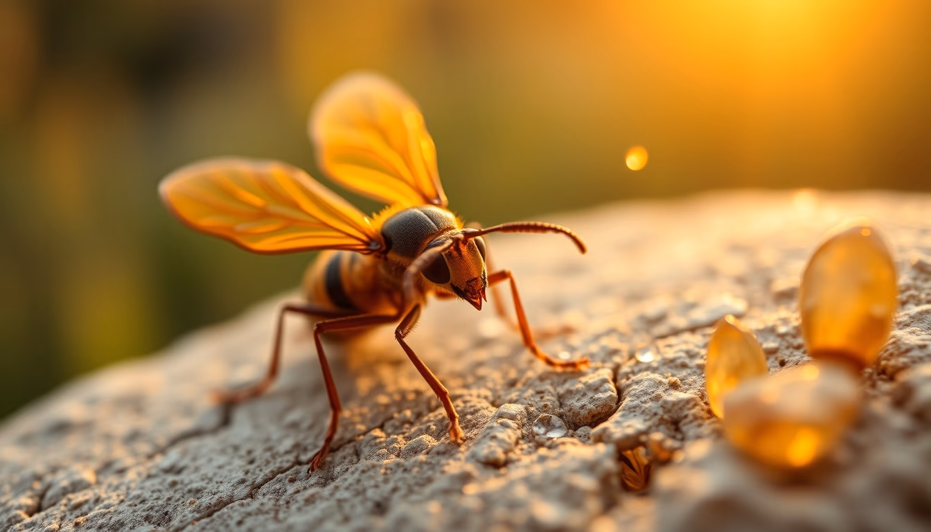 amber resin insect inside in editorial style