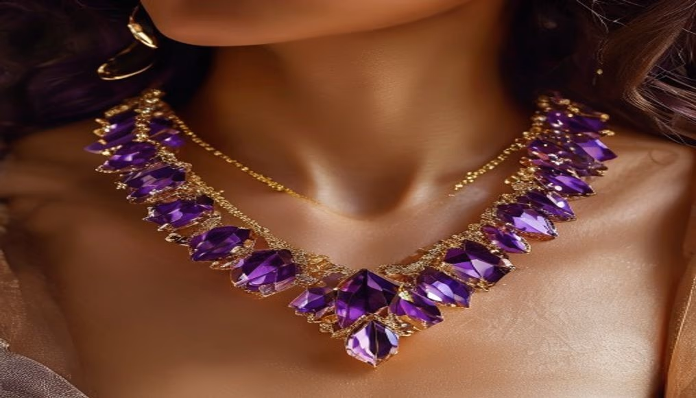 amethyst statement necklace cushion in luxury editorial photography