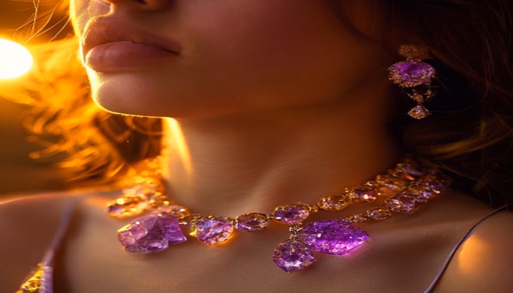 amethyst statement necklace cushion in luxury editorial photography