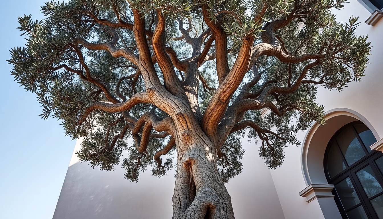 ancient olive tree gnarled trunk in editorial style