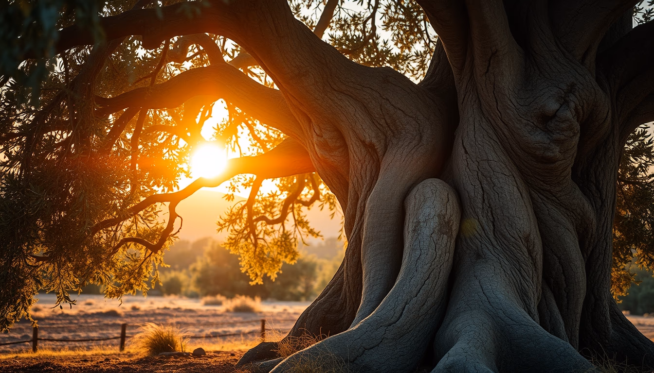 ancient olive tree gnarled trunk in editorial style