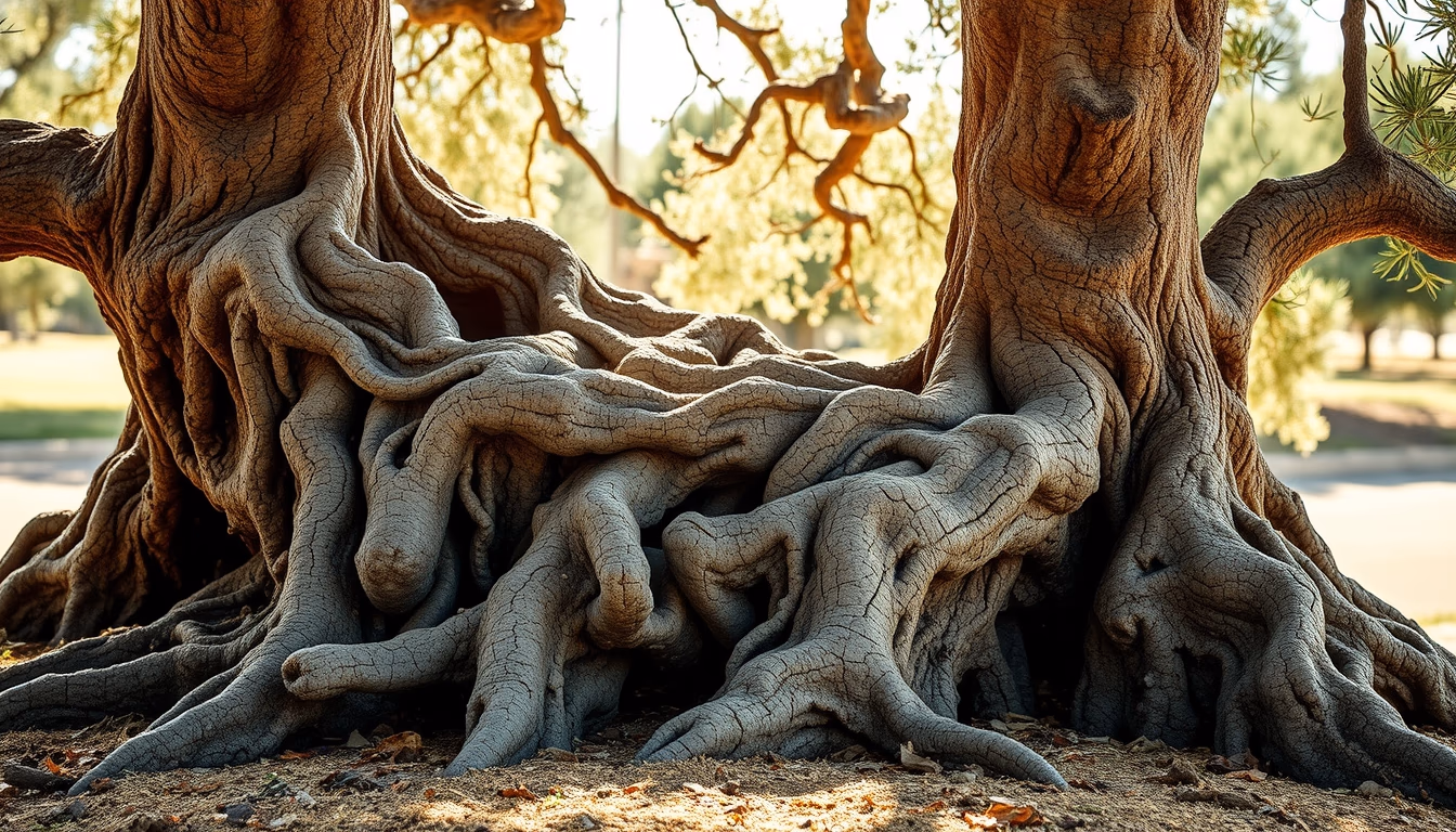 ancient olive tree gnarled trunk in editorial style