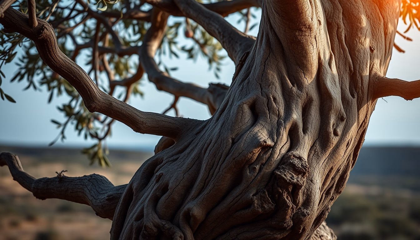 ancient olive tree gnarled trunk in editorial style