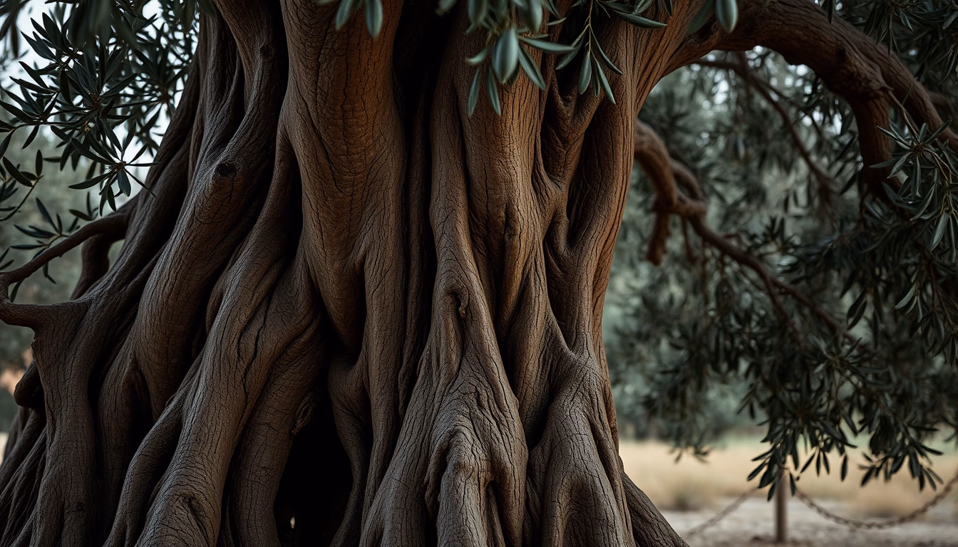 ancient olive tree gnarled trunk in editorial style