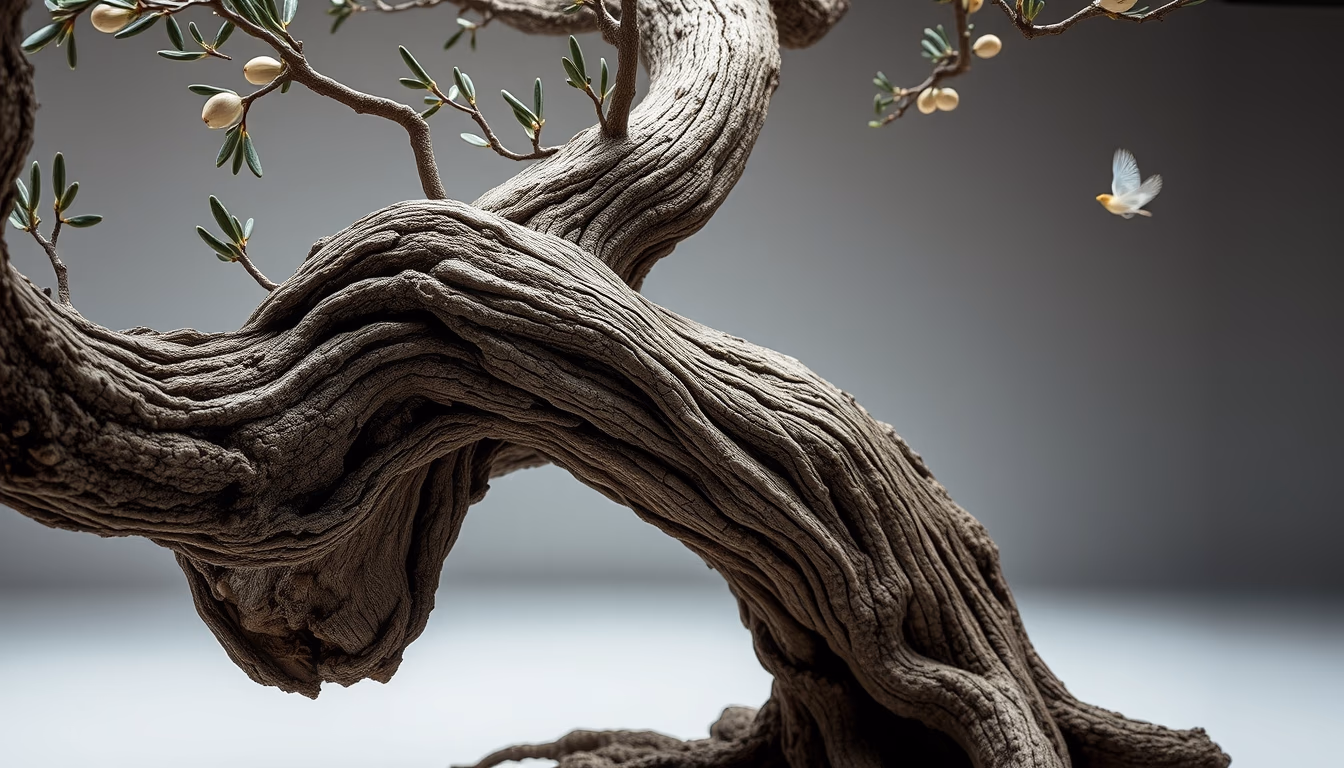 ancient olive tree gnarled trunk in editorial style