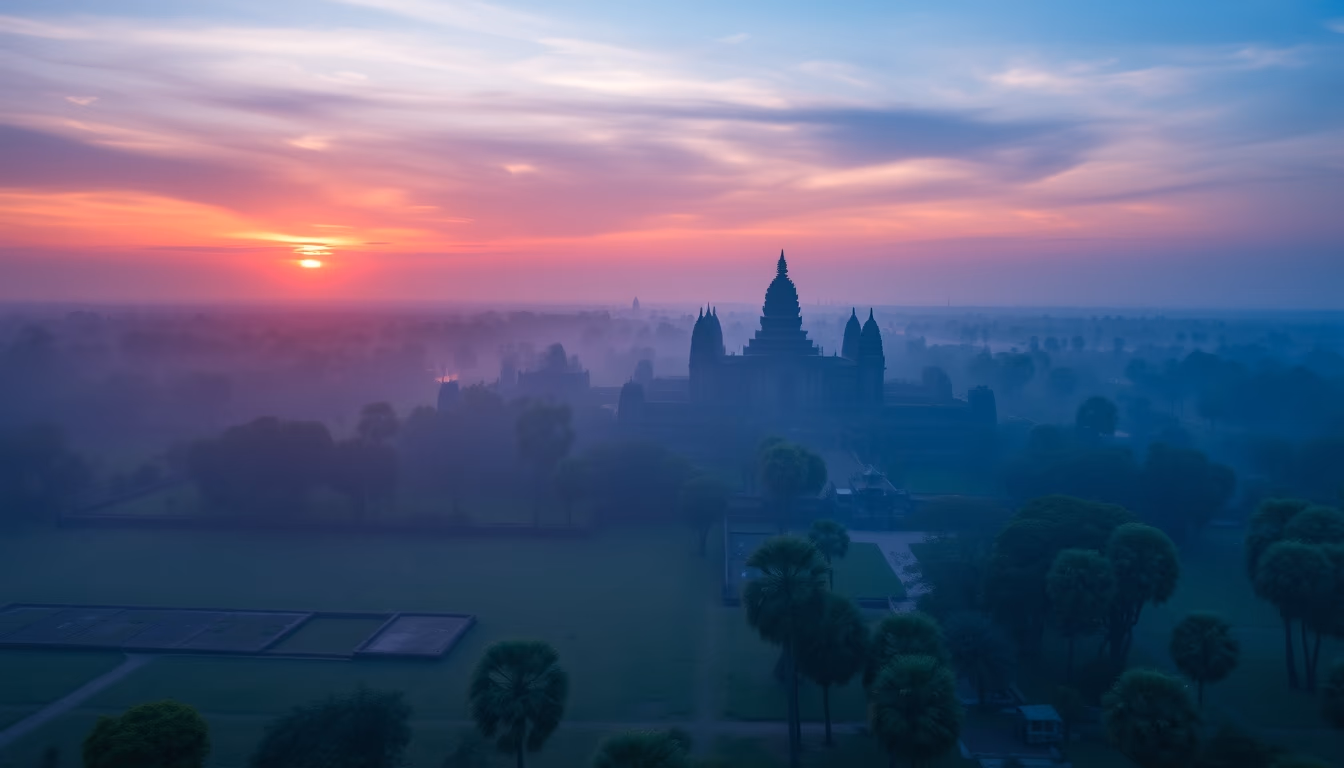 angkor wat temple sunrise in editorial style