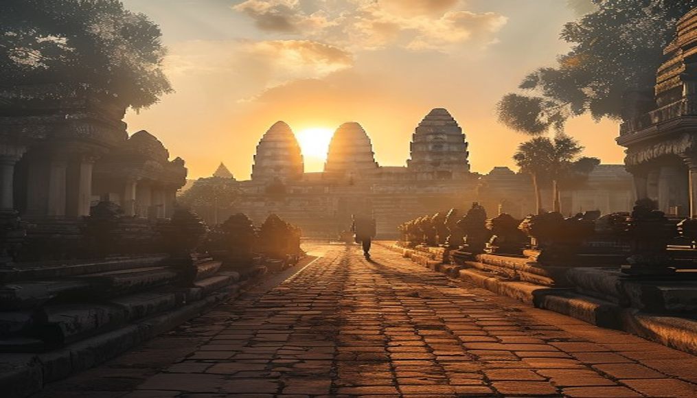 angkor wat temple sunrise in editorial style
