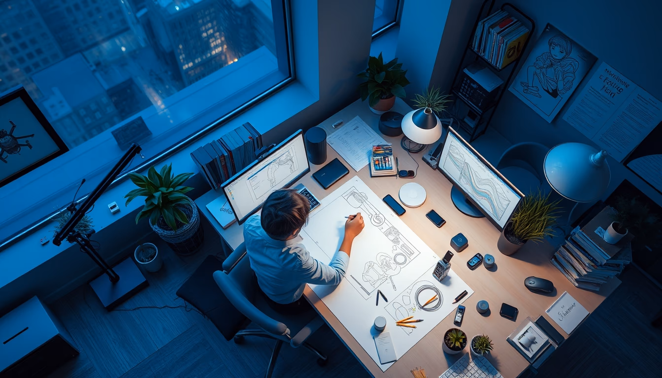 anime studio drawing desk in editorial style