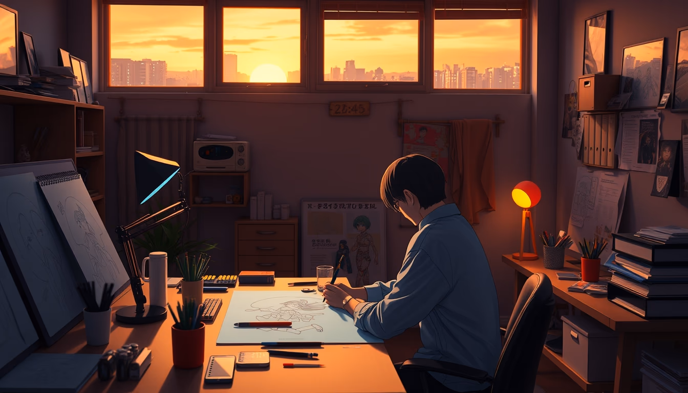anime studio drawing desk in editorial style
