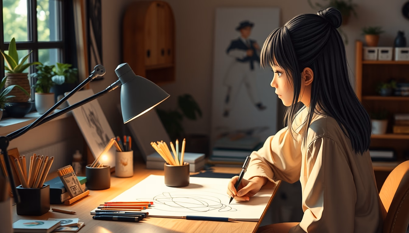 anime studio drawing desk in editorial style