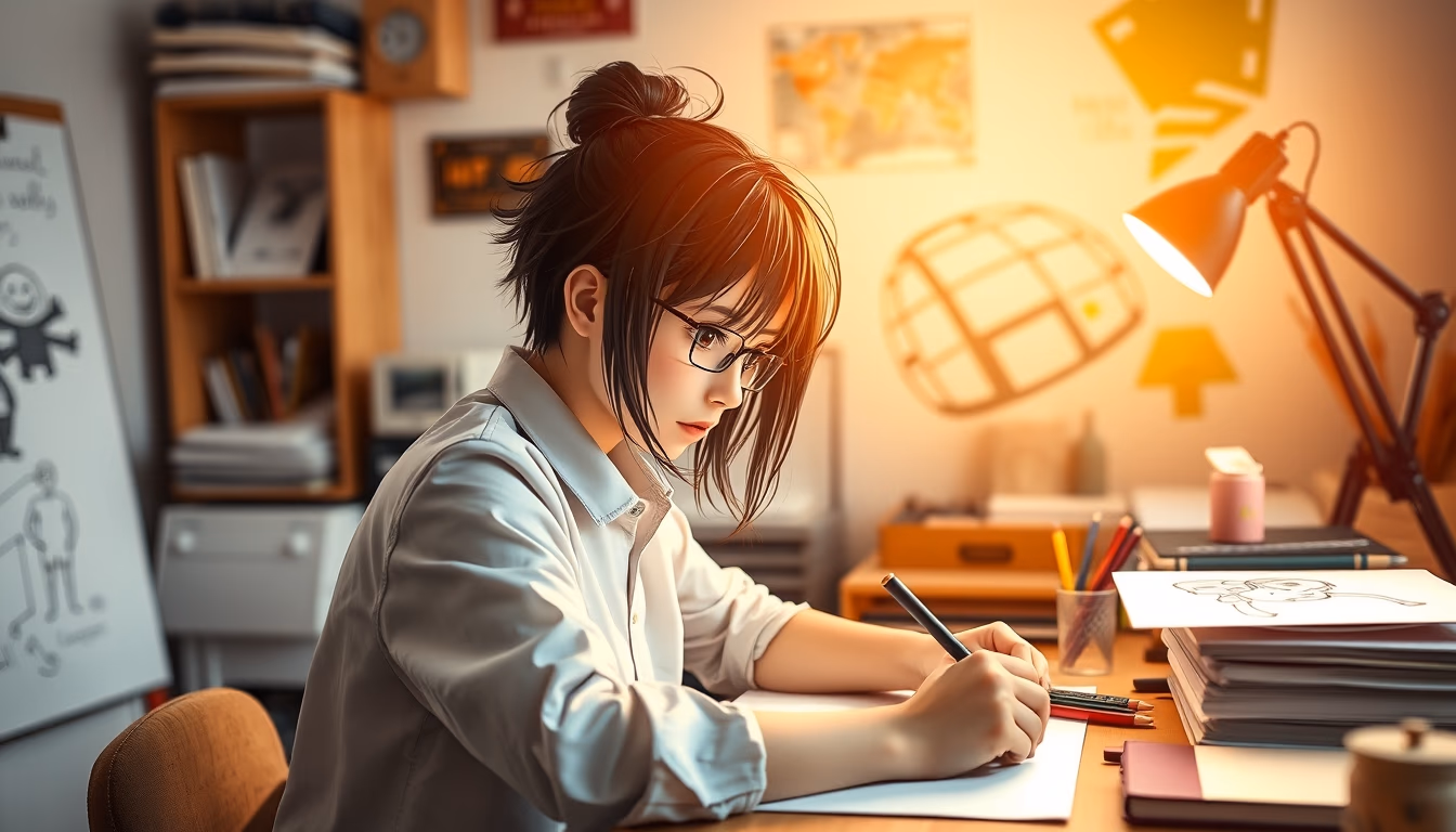 anime studio drawing desk in editorial style