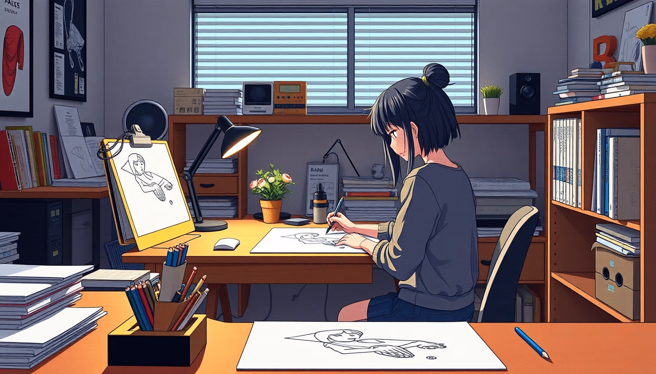 anime studio drawing desk in editorial style