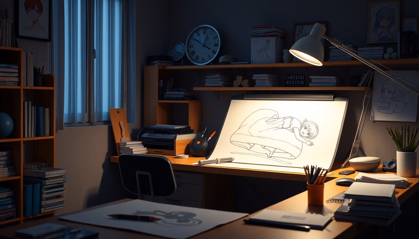 anime studio drawing desk in editorial style