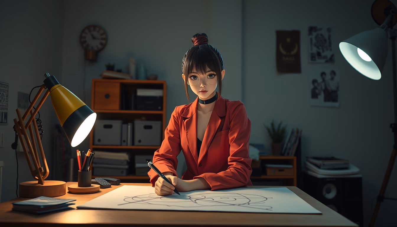 anime studio drawing desk in editorial style