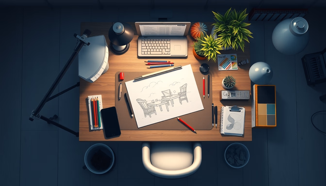 anime studio drawing desk in editorial style