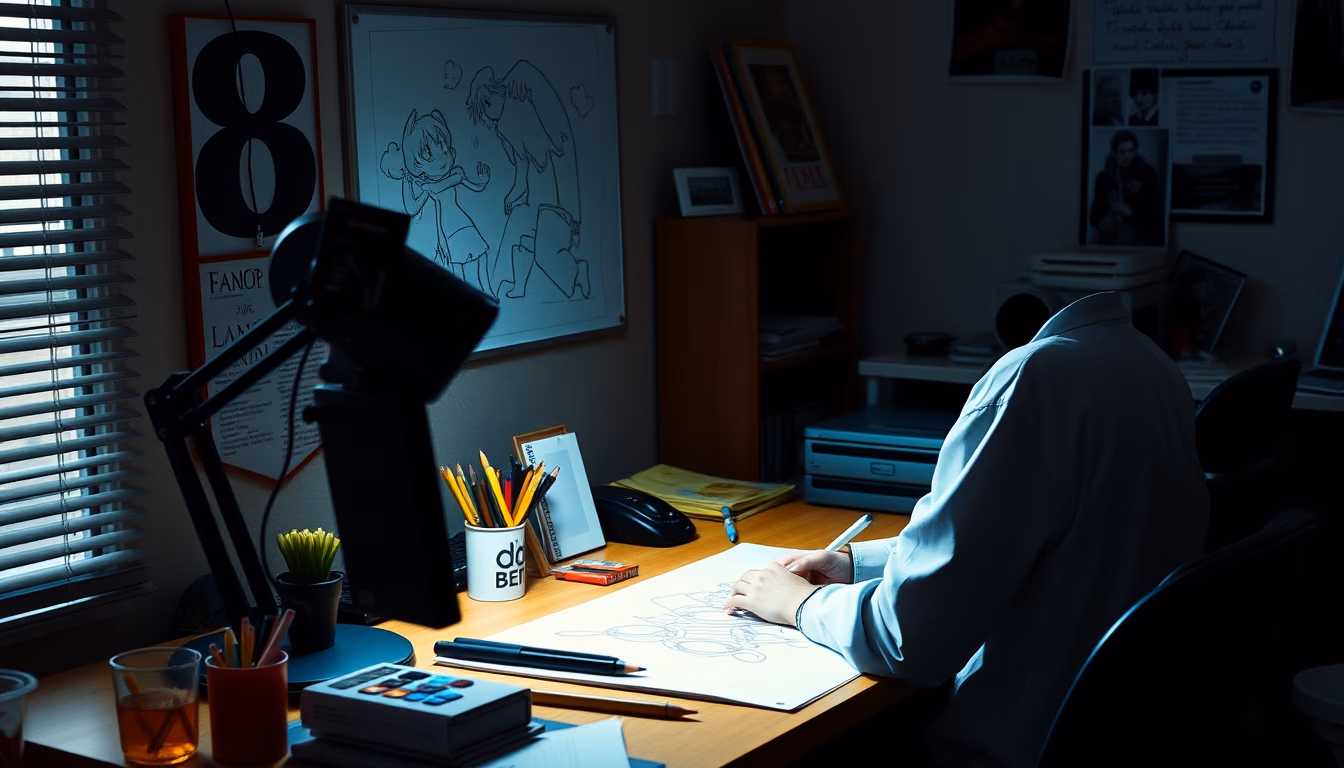 anime studio drawing desk in editorial style