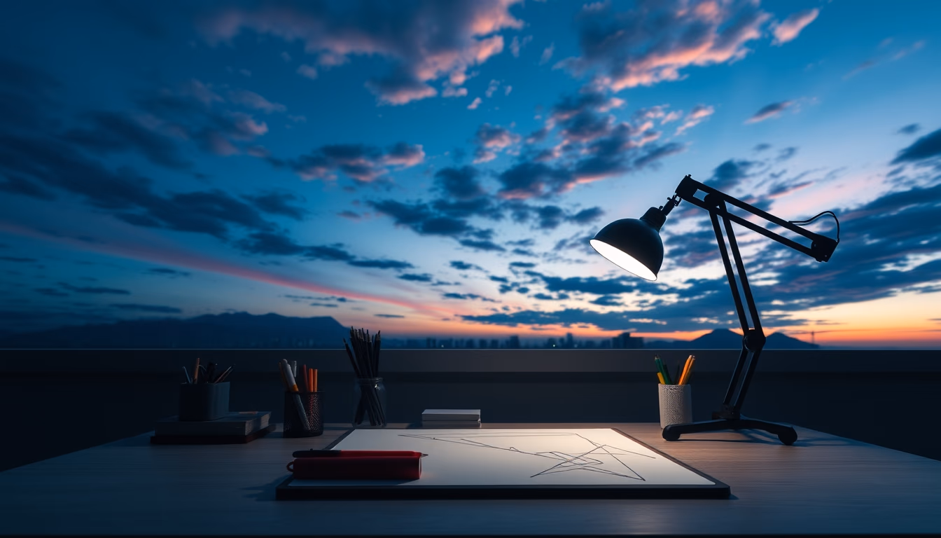 anime studio drawing desk in editorial style