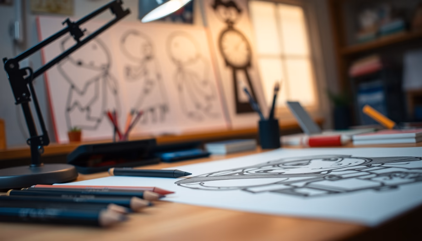 anime studio drawing desk in editorial style