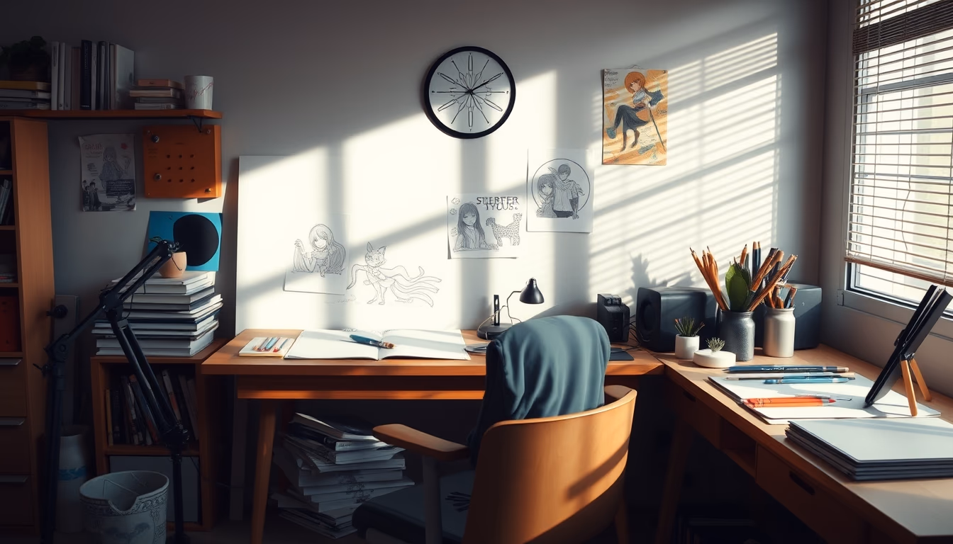 anime studio drawing desk in editorial style