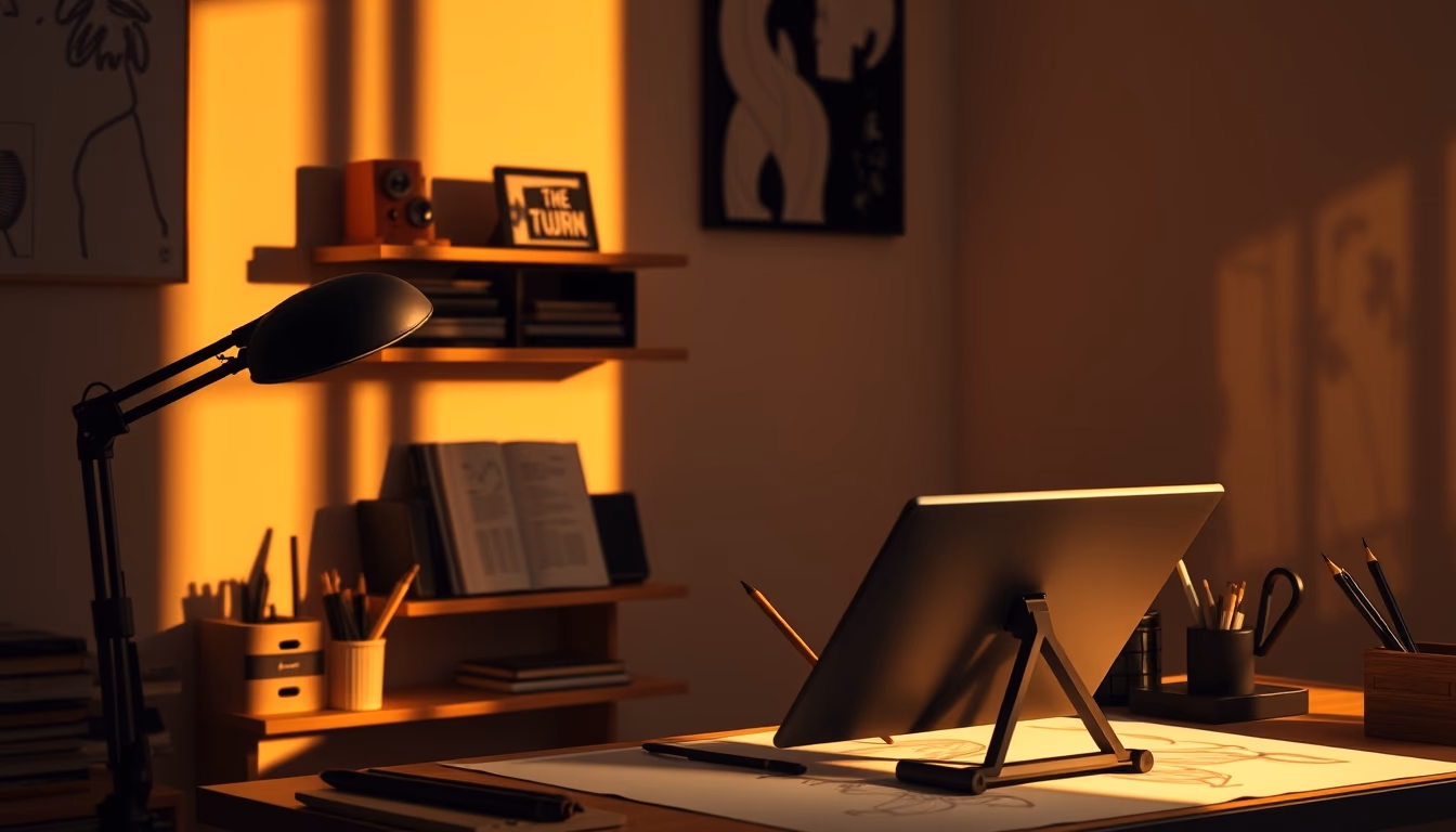anime studio drawing desk in editorial style
