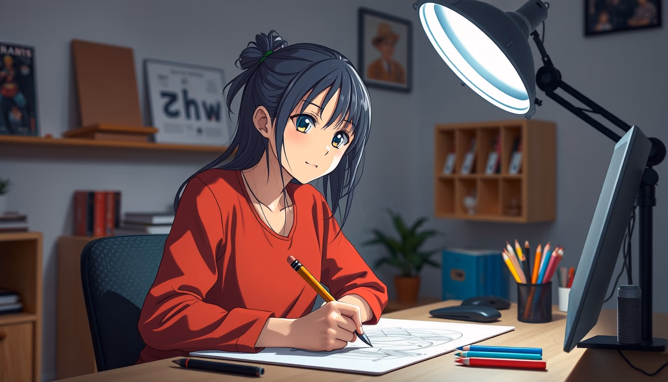 anime studio drawing desk in editorial style