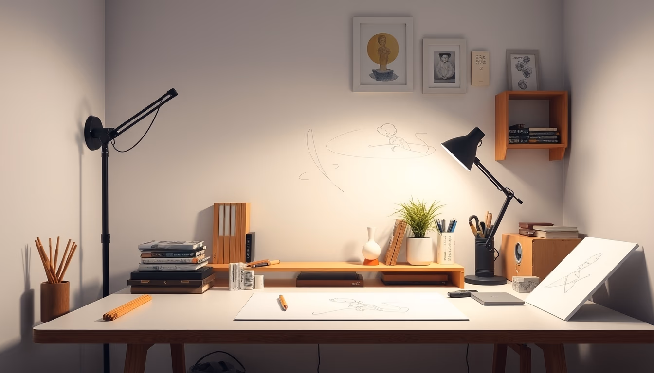 anime studio drawing desk in editorial style