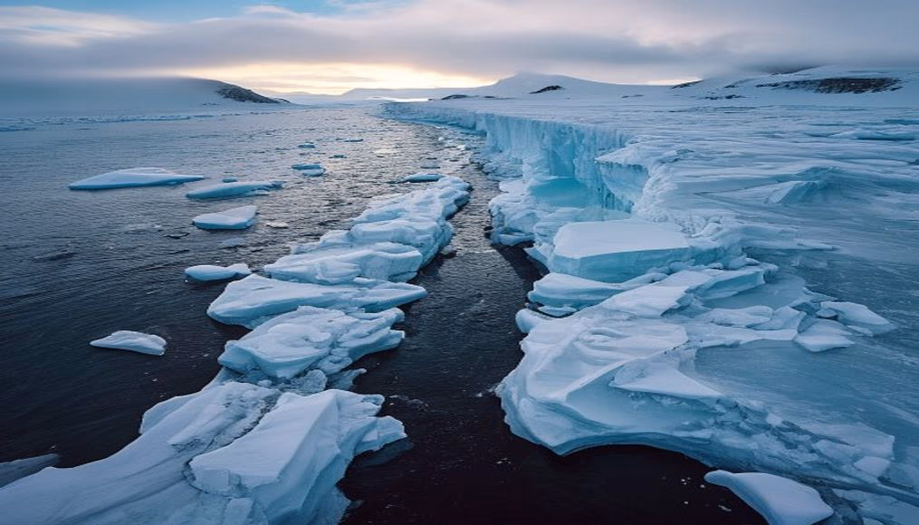 antarctica ice shelf aerial in editorial style
