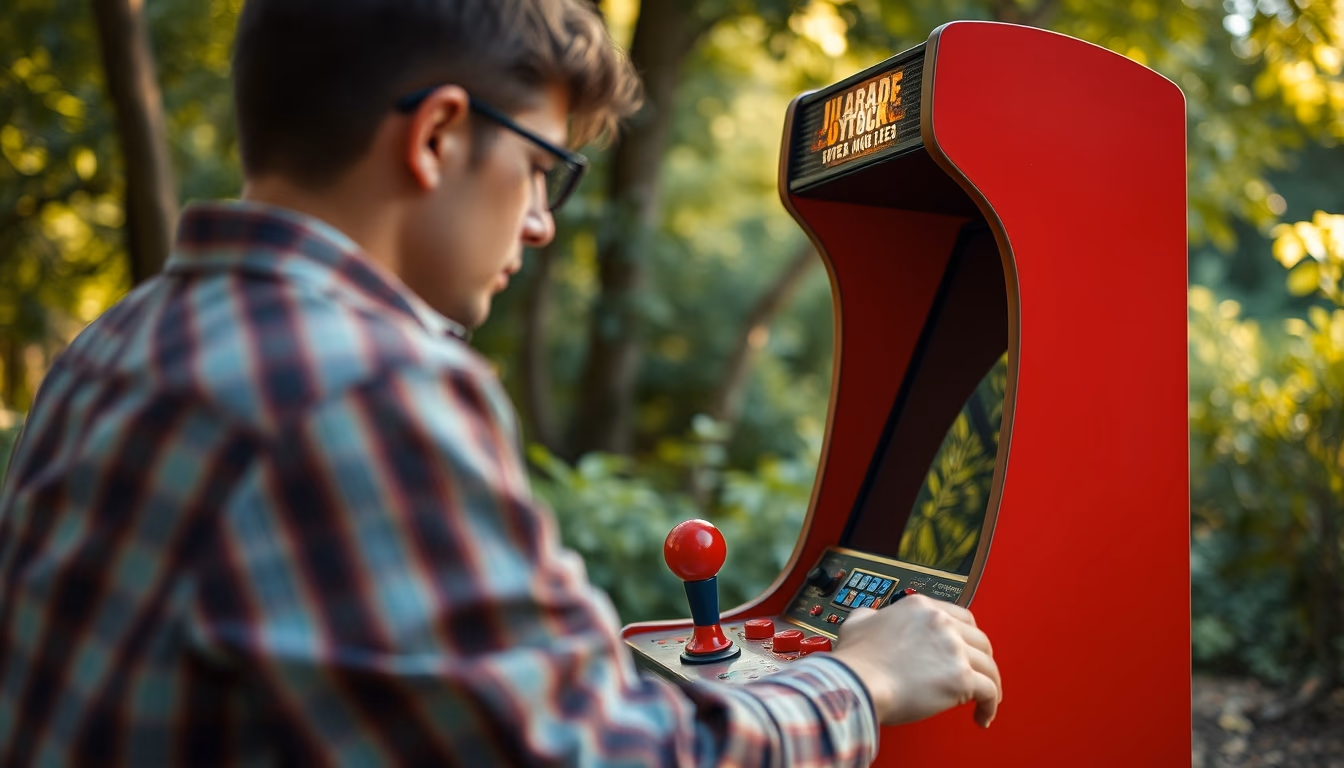 arcade joystick red in editorial style
