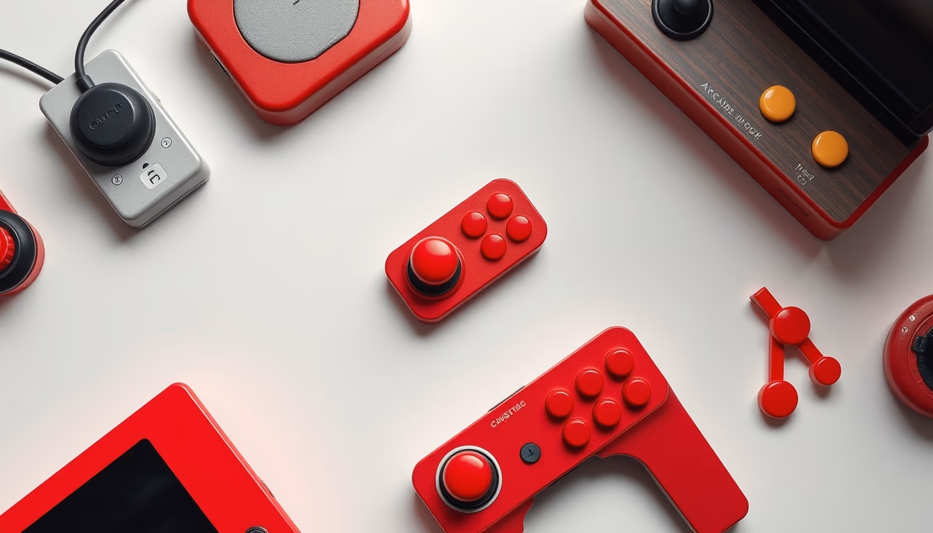 arcade joystick red in editorial style